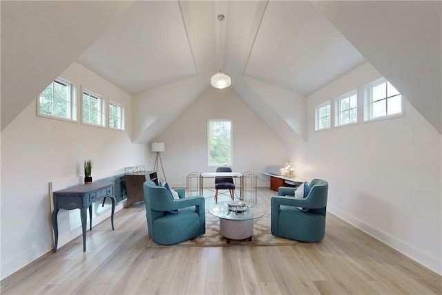 living area with light hardwood / wood-style floors, vaulted ceiling, and plenty of natural light