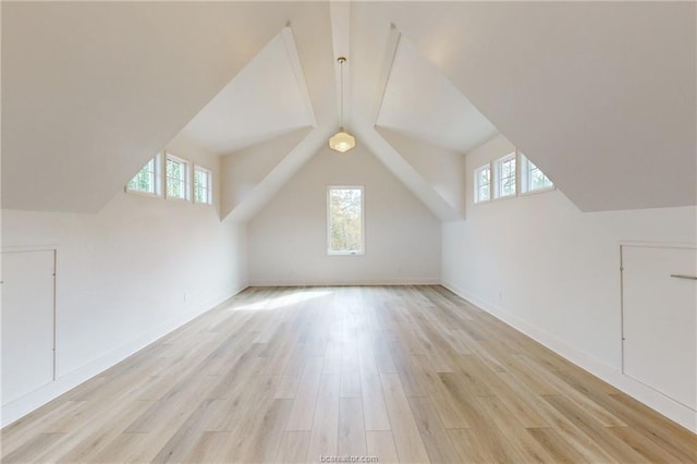 additional living space with vaulted ceiling, a wealth of natural light, and light hardwood / wood-style flooring