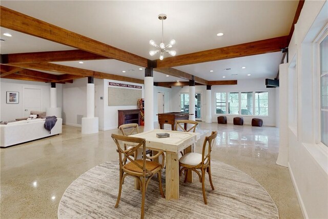 dining room with beamed ceiling and an inviting chandelier