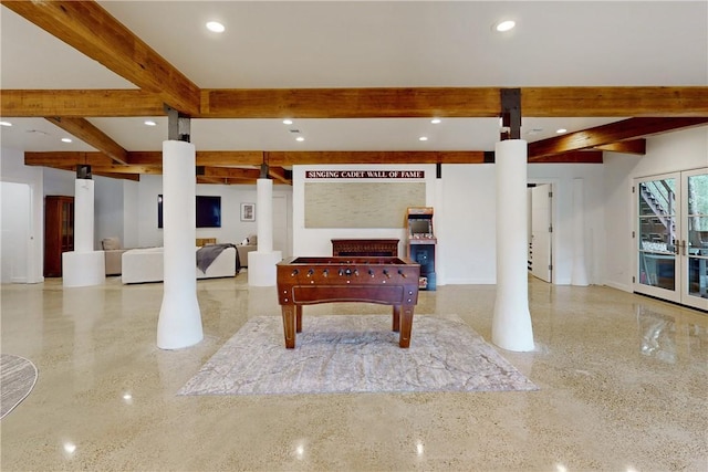 rec room with decorative columns, french doors, and beamed ceiling