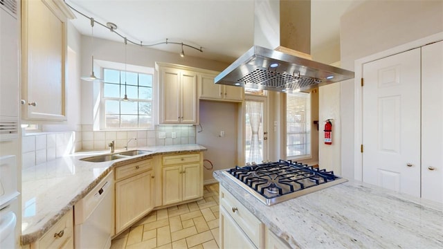 kitchen with tasteful backsplash, island range hood, dishwasher, light stone countertops, and stainless steel gas stovetop