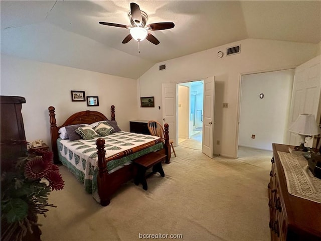 carpeted bedroom featuring ceiling fan and lofted ceiling