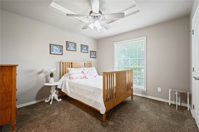 bedroom featuring baseboards, carpet flooring, and a ceiling fan