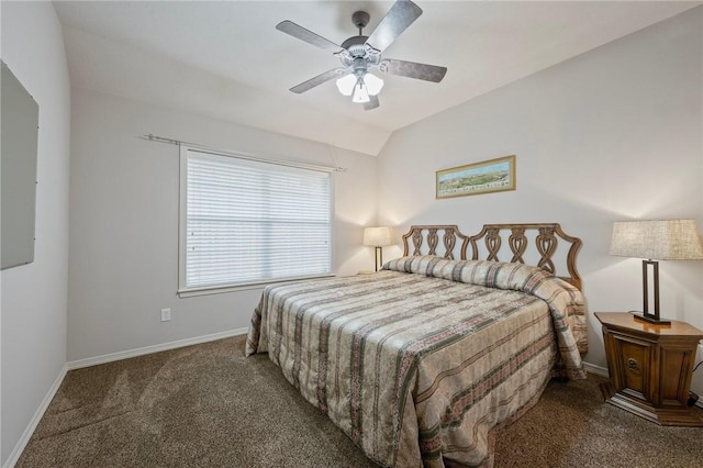 bedroom with carpet floors, baseboards, vaulted ceiling, and ceiling fan