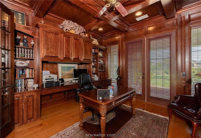 office area with wooden ceiling, wood walls, ornamental molding, and coffered ceiling