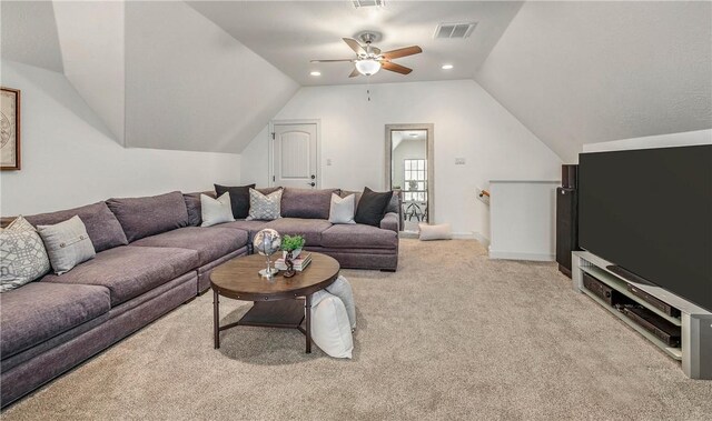3281 Toltec Trl, College Station, TX 77845 - living area featuring light colored carpet, a ceiling fan, recessed lighting, lofted ceiling, and visible vents