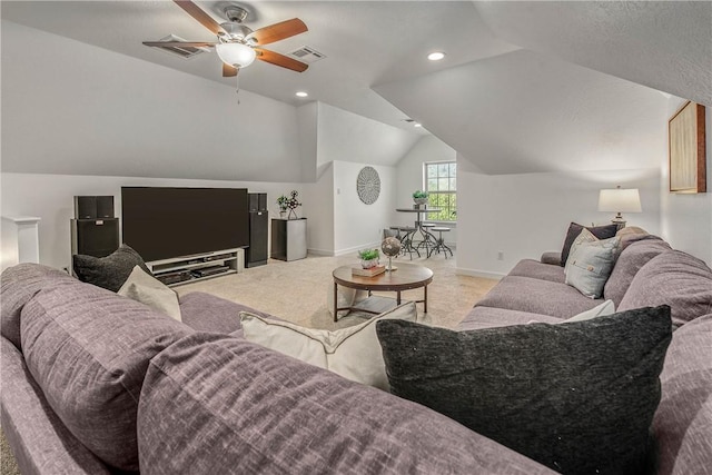 3281 Toltec Trl, College Station, TX 77845 - living room featuring visible vents, lofted ceiling, light carpet, baseboards, and ceiling fan