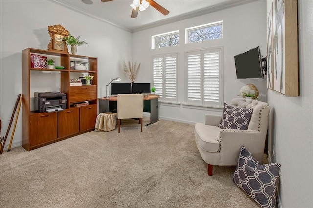 3281 Toltec Trl, College Station, TX 77845 - home office featuring baseboards, ornamental molding, light carpet, and a ceiling fan
