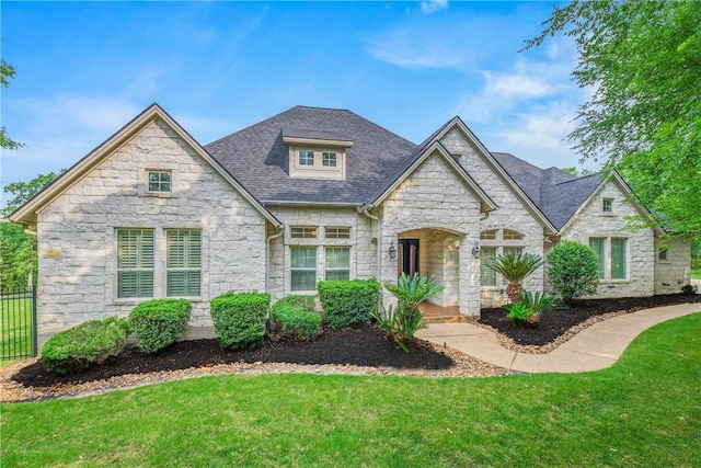 3281 Toltec Trl, College Station, TX 77845 - french country home featuring a shingled roof, fence, a front yard, and stone siding