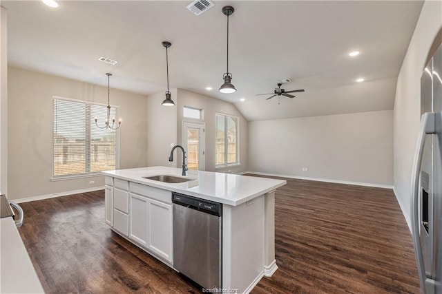 3429 Alsace Ct, Bryan, TX 77808 - kitchen with appliances with stainless steel finishes, recessed lighting, lofted ceiling, a ceiling fan, and dark wood-style flooring