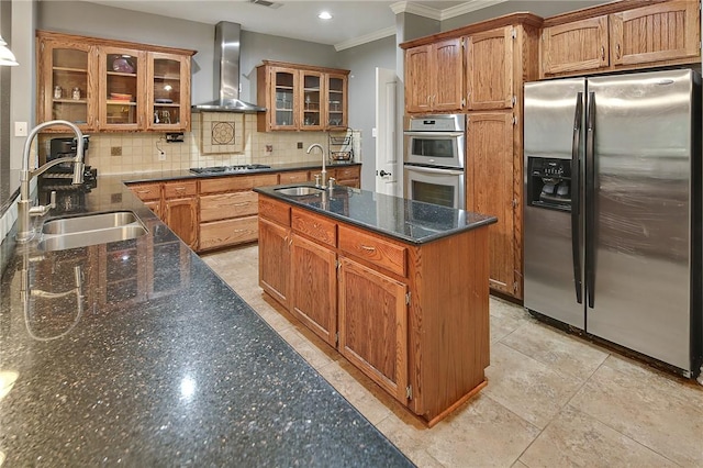 4886 Burt Rd, Bryan, TX 77807 - kitchen with stainless steel appliances, wall chimney exhaust hood, a sink, ornamental molding, and tasteful backsplash
