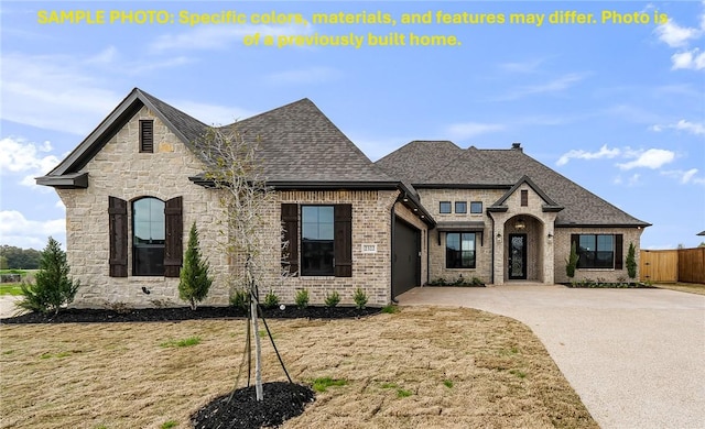 4760 Coral River Rd, College Station, TX 77845 - french country style house featuring fence, a shingled roof, brick siding, a garage, and concrete driveway