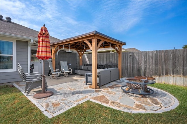 view of patio / terrace featuring a gazebo and outdoor lounge area