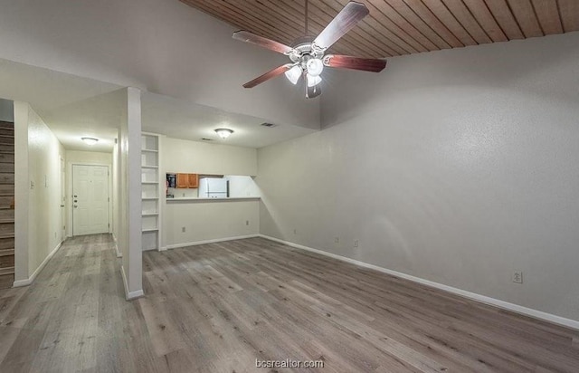 unfurnished living room with ceiling fan, light hardwood / wood-style flooring, and wooden ceiling