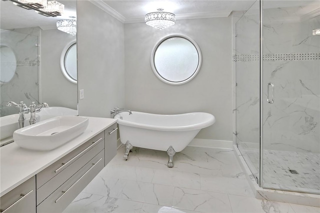 bathroom featuring a notable chandelier, crown molding, shower with separate bathtub, and vanity