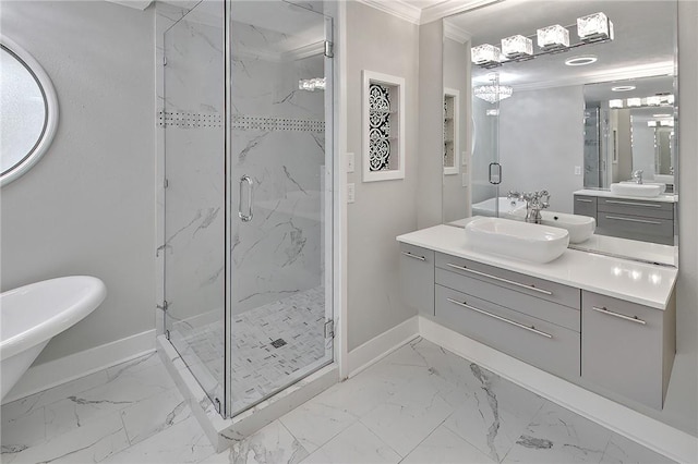 bathroom with an inviting chandelier, vanity, an enclosed shower, and ornamental molding