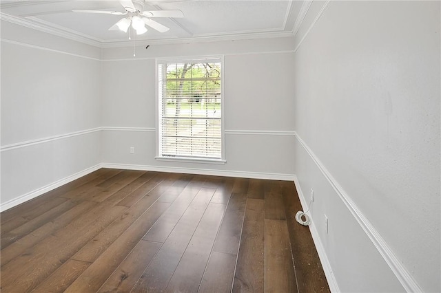 unfurnished room featuring dark hardwood / wood-style floors, ceiling fan, and ornamental molding