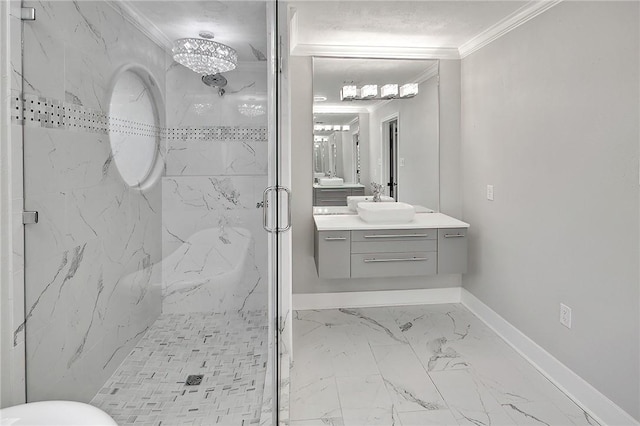 bathroom with vanity, ornamental molding, and walk in shower