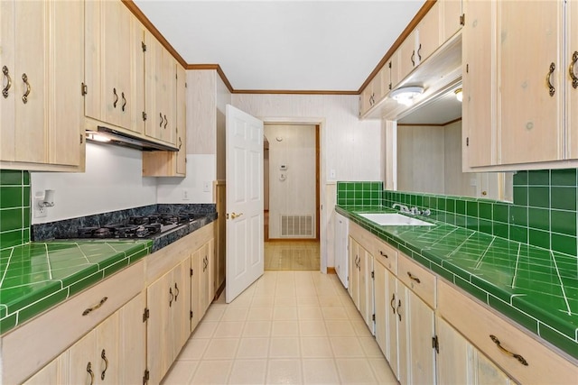 1704 N Pacific St, Conroe, TX 77301 - kitchen with under cabinet range hood, a sink, black gas stovetop, tile counters, and tasteful backsplash