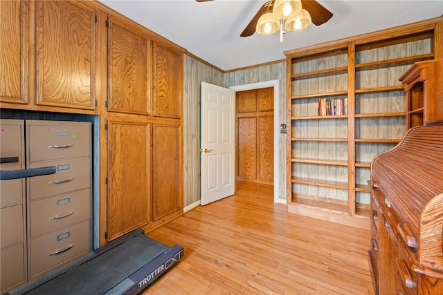 1704 N Pacific St, Conroe, TX 77301 - unfurnished office featuring crown molding, light wood-style floors, and a ceiling fan
