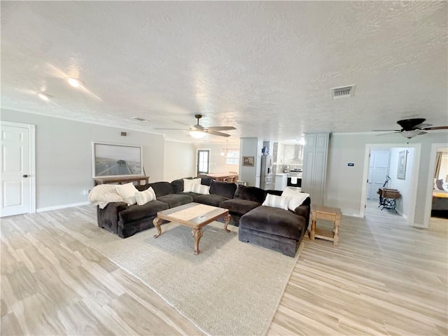 9462 Riley Green Rd, Franklin, TX 77856 - living area featuring ceiling fan, a textured ceiling, baseboards, and light wood finished floors