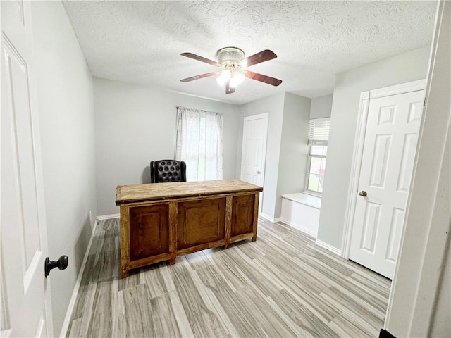 9462 Riley Green Rd, Franklin, TX 77856 - office featuring a ceiling fan, healthy amount of natural light, baseboards, light wood-style floors, and a textured ceiling