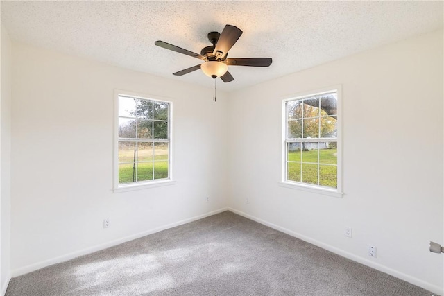 empty room with ceiling fan, carpet floors, and a textured ceiling