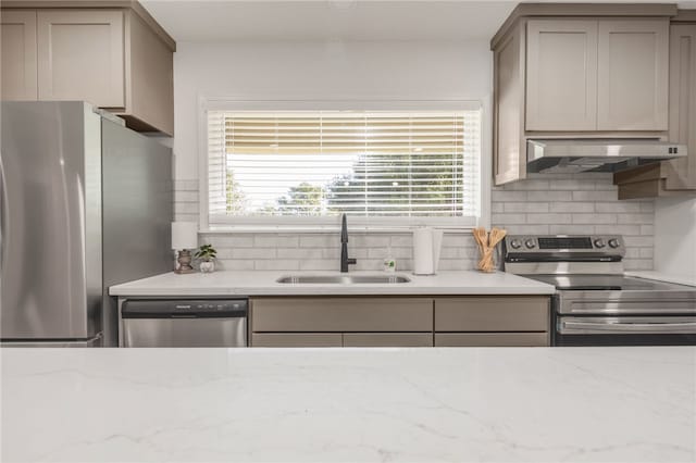 kitchen featuring stainless steel appliances, decorative backsplash, plenty of natural light, and sink