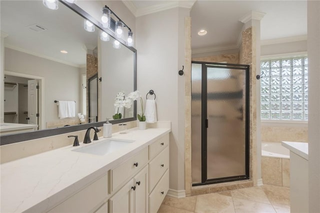 bathroom featuring vanity, crown molding, and a shower stall