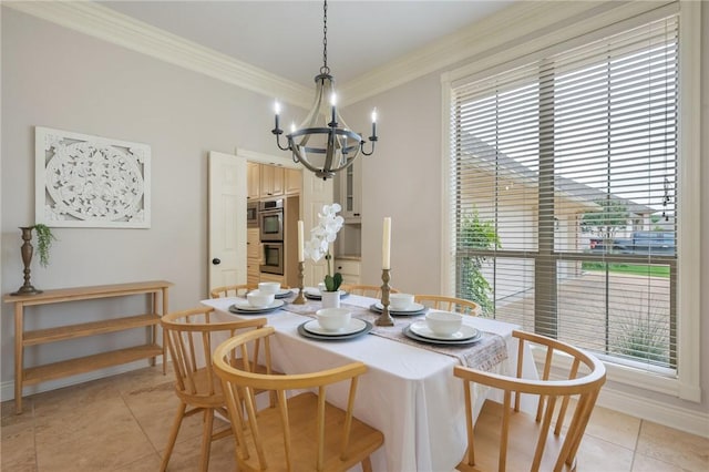 dining area with crown molding, light tile patterned flooring, baseboards, and a chandelier