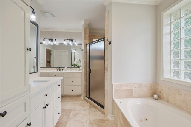 full bathroom featuring visible vents, a tub with jets, ornamental molding, and a stall shower