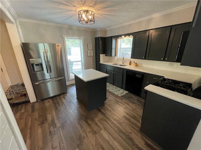 kitchen featuring sink, a center island, black dishwasher, stainless steel refrigerator with ice dispenser, and dark hardwood / wood-style flooring