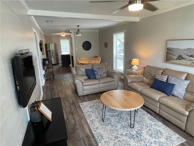 living room featuring ornamental molding, dark hardwood / wood-style floors, and ceiling fan