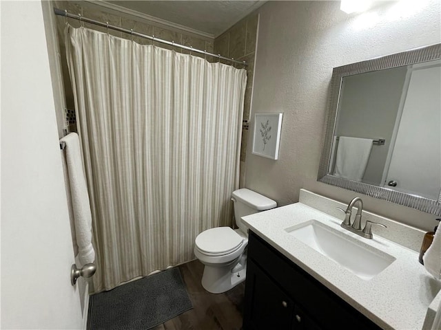 bathroom with hardwood / wood-style flooring, vanity, and toilet