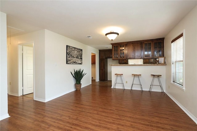 3000 Stevens Dr, Bryan, TX 77803 - kitchen with dark wood-style floors, a peninsula, glass insert cabinets, and dark brown cabinets