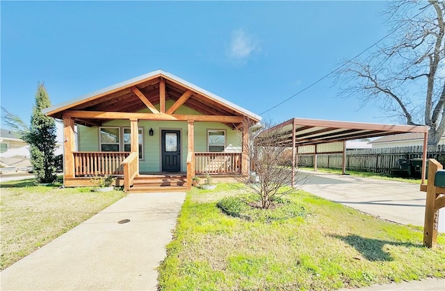 view of front of home featuring a porch, fence, driveway, a carport, and a front yard