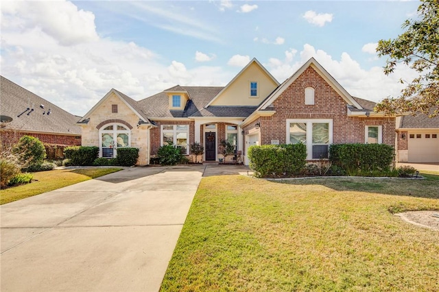 view of front facade featuring a front lawn and a garage