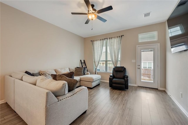 living room featuring ceiling fan and hardwood / wood-style floors