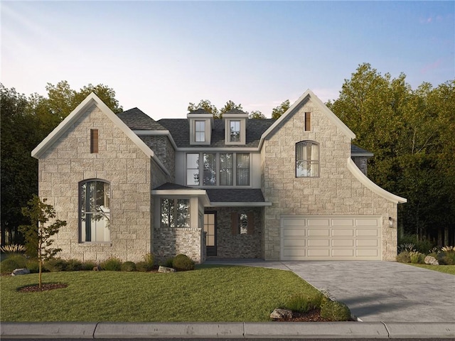 3637 Anderson Arbor Ct, College Station, TX 77845 - french provincial home with stone siding, driveway, an attached garage, and a front yard