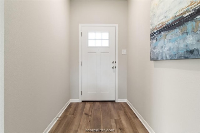 doorway with hardwood / wood-style flooring