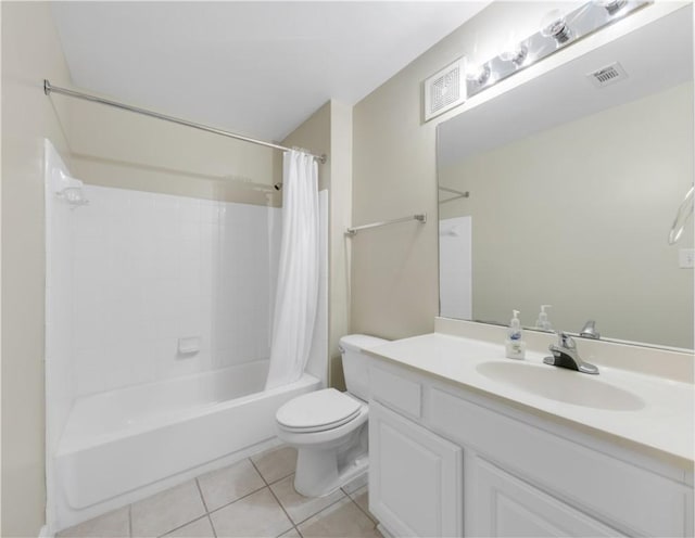 full bathroom featuring visible vents, toilet, shower / bath combo, tile patterned floors, and vanity