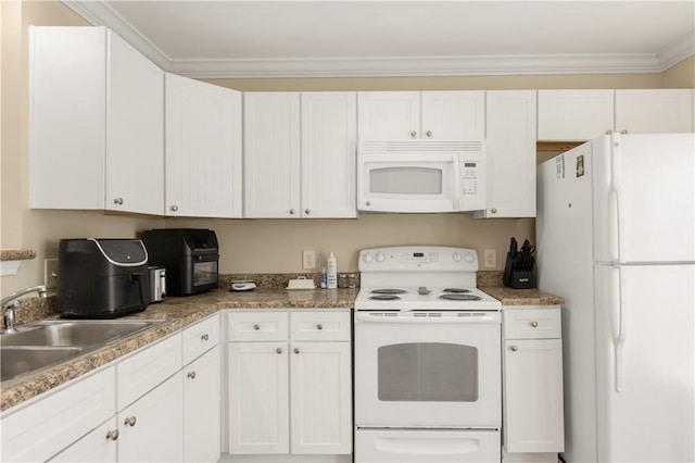 kitchen featuring white appliances, white cabinetry, crown molding, and a sink