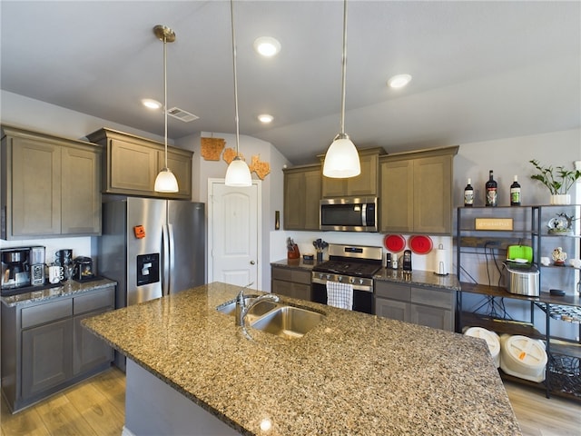 kitchen with appliances with stainless steel finishes, sink, decorative light fixtures, light hardwood / wood-style floors, and an island with sink