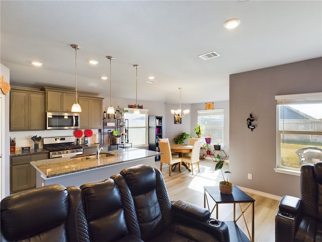 kitchen with a center island with sink, decorative light fixtures, stainless steel appliances, and a wealth of natural light