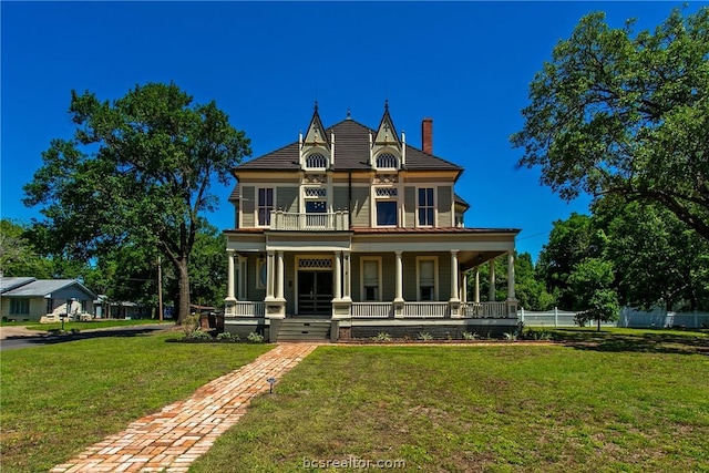 victorian house with a porch, a balcony, and a front lawn