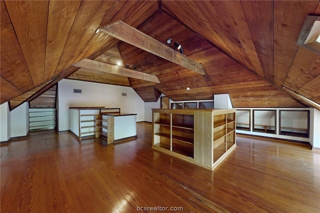 bonus room with lofted ceiling with beams, hardwood / wood-style floors, and wooden ceiling