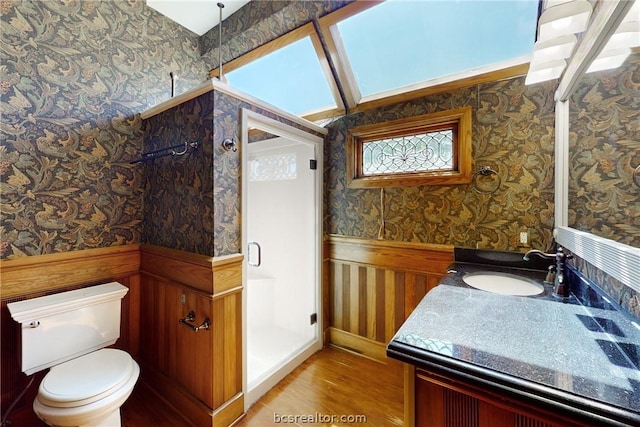 bathroom featuring hardwood / wood-style floors, vanity, vaulted ceiling, and toilet