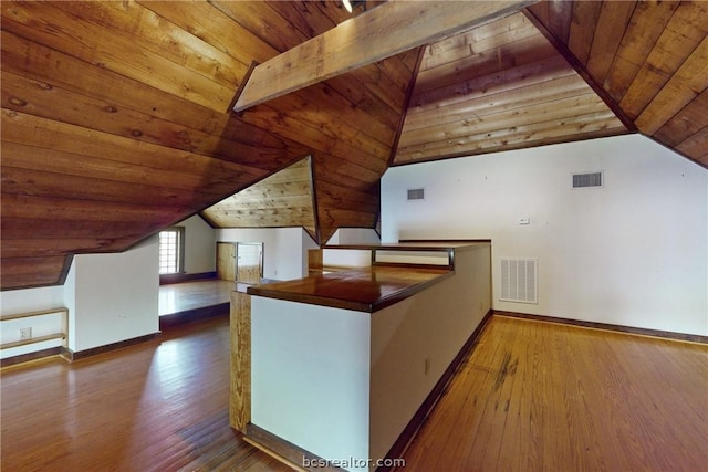 additional living space featuring hardwood / wood-style flooring, vaulted ceiling with beams, and wood ceiling