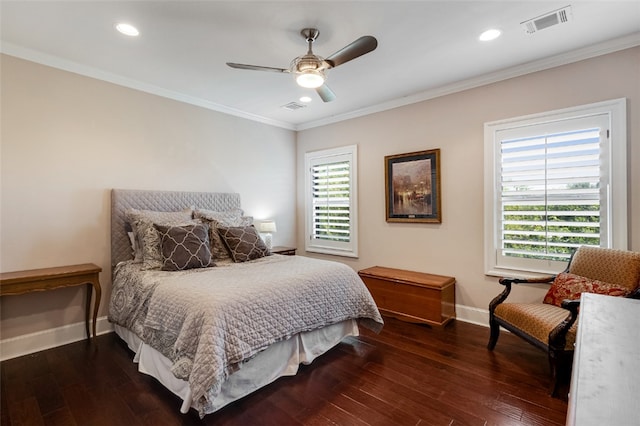 5311 Riviera Ct, College Station, TX 77845 - bedroom with baseboards, crown molding, dark wood-type flooring, recessed lighting, and a ceiling fan