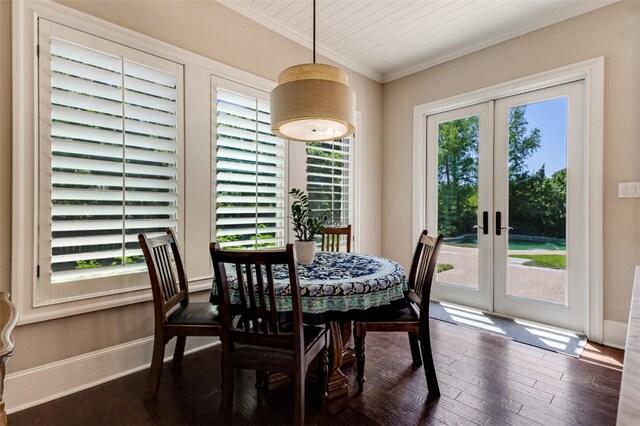 5311 Riviera Ct, College Station, TX 77845 - dining area with ornamental molding, dark wood-style floors, french doors, and baseboards